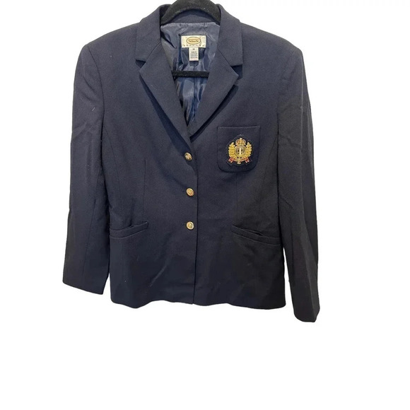 Talbots Navy Blue Wool Gold Crest Riding Equestrian Blazer Jacket Size Petite 10 - Picture 1 of 12